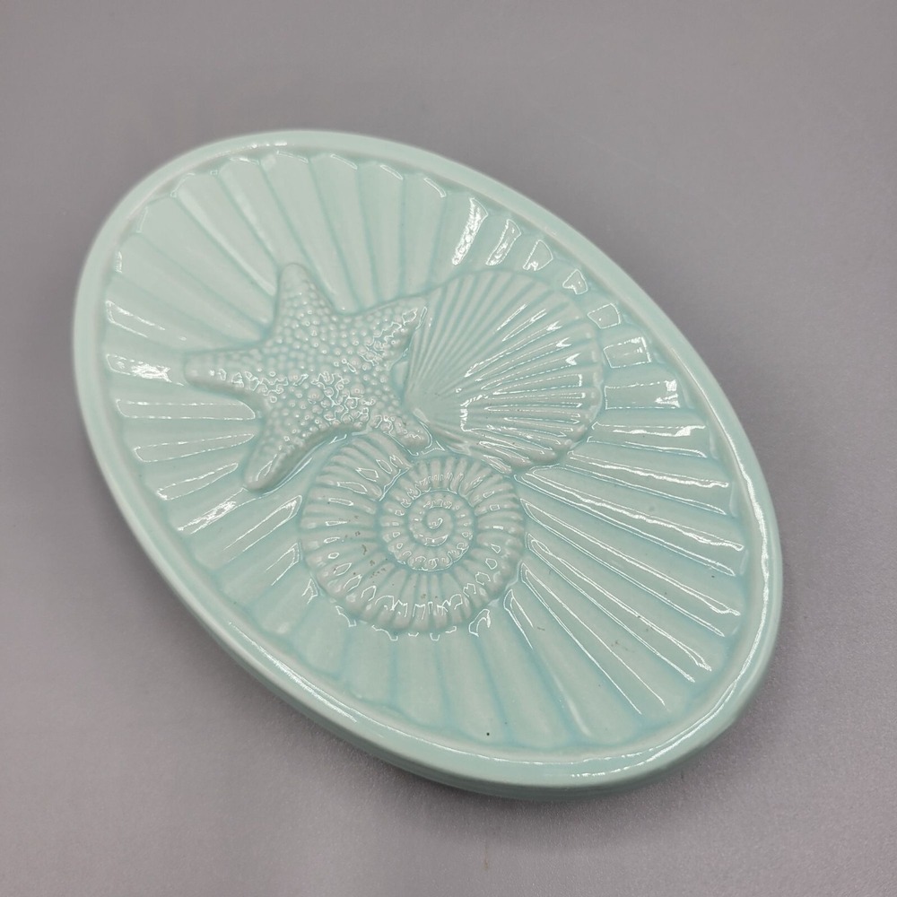 Ceramic Sea-Themed Soap Dish Oval Starfish Seashell Design Seafoam/Aqua